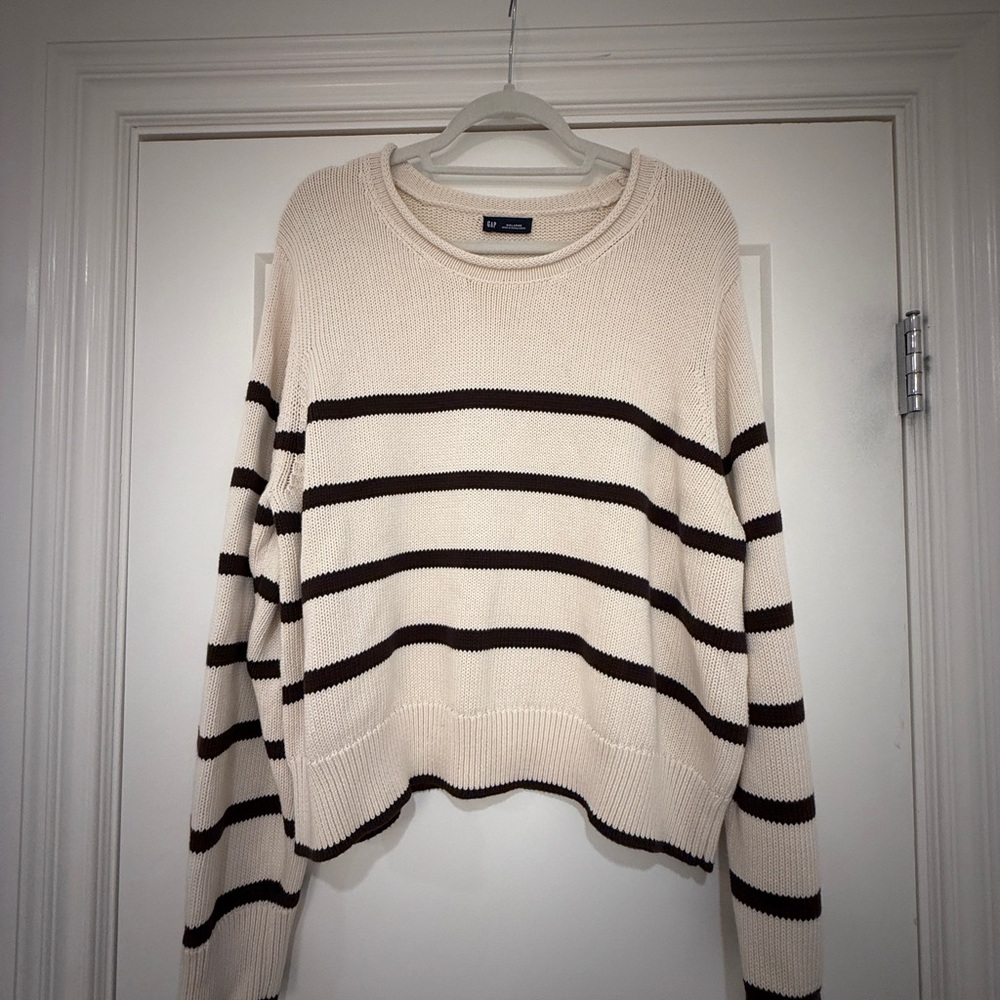 GAP Cream and Brown Striped Crewneck Sweater